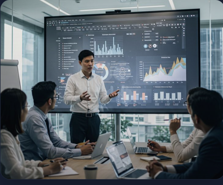 Business analytics meeting showcasing strategic AI decision-making with data dashboards and team collaboration